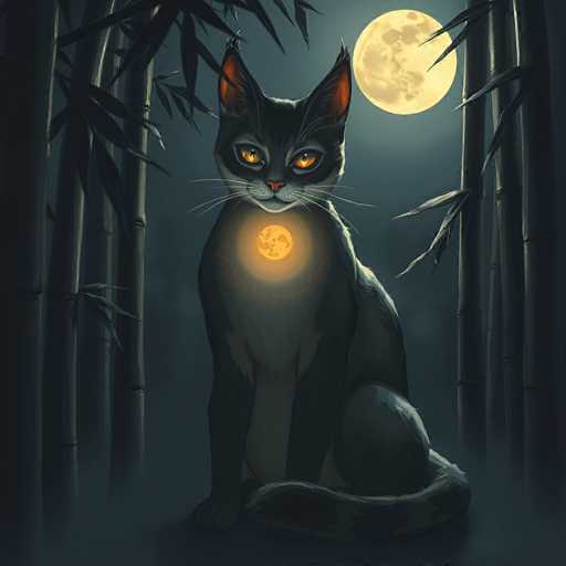 The image depicts a black cat with orange eyes and a glowing collar sitting on the ground surrounded by bamboo trees. The cat is facing towards the right side of the image, giving an impression that it's looking at something or someone in the distance.
