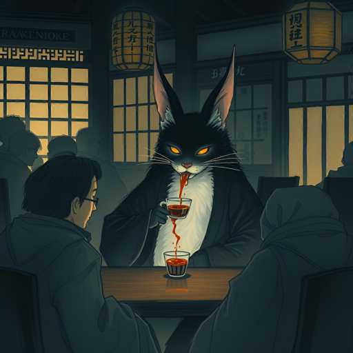 The image depicts an illustration of a cat sitting at a table with two people. The cat is wearing a black robe and has its mouth open wide as it drinks from a cup on the table. One person is seated to the left side of the cat, while the other person is seated to the right side. The background features a dark room with lanterns hanging above the tables, creating an atmospheric setting for this scene.
