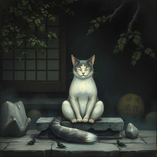 The image depicts a white cat sitting on a stone bench with its eyes closed and ears perked up, facing the camera. The cat is surrounded by three birds perched on branches above it. In the background, there are two vases - one larger than the other.