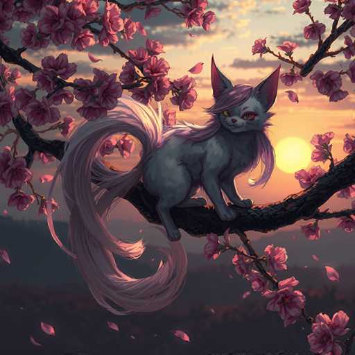 The image depicts a cat with long white fur and pink ears sitting on a branch covered in pink flowers. The cat is facing the camera, giving an impression of curiosity or playfulness. The background features a sunset with pink and orange hues, creating a warm and inviting atmosphere.