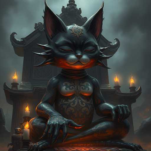 The image depicts a cat statue sitting on its hind legs with its front paws resting on the ground and its back legs stretched out behind it. The cat is adorned with tattoos and has a star-shaped headpiece on top of its head. In the background, there are several candles arranged in a line, casting a warm glow that illuminates the scene.