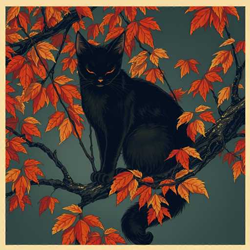 The image depicts a black cat sitting on a tree branch with orange leaves surrounding it. The cat is facing the camera and appears to be looking directly at the viewer. The background of the image is a dark blue color that contrasts with the vibrant orange leaves.