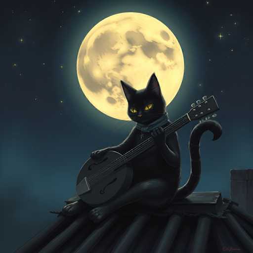 A black cat is sitting on a rooftop at night with its paws resting on the guitar strings of an electric guitar. The cat's eyes are wide open and it appears to be playing the guitar in front of a full moon that casts a soft glow over the scene.