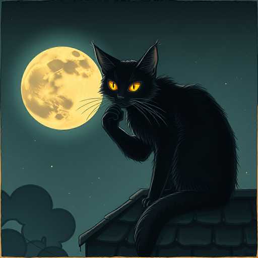 A black cat with yellow eyes is sitting on a roof at night, looking up towards the moon and stars.