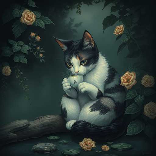 A black and white cat is sitting on a tree branch with its paws resting on a cup of tea that has been placed on the branch. The cat's fur is a mix of black and white, and it appears to be looking down at the cup of tea in front of it. The background features green leaves and yellow flowers, creating a serene and peaceful atmosphere.