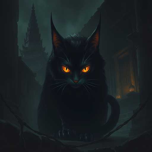 The image depicts a black cat with striking orange eyes and a long tail, standing on the ground in front of a stone wall. The cat is facing towards the camera, giving an impression of curiosity or alertness. In the background, there are two buildings - one tall tower-like structure and another shorter building with a door.