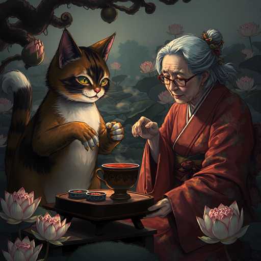 A woman wearing an orange kimono is sitting at a table with a cat on her lap and two cups of tea on the table between them.