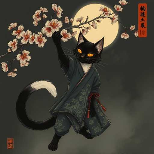 The image depicts a black cat dressed in traditional Japanese clothing and holding a branch with white flowers on it against a dark background. The cat is positioned centrally within the frame, drawing attention to its attire and the floral branch.