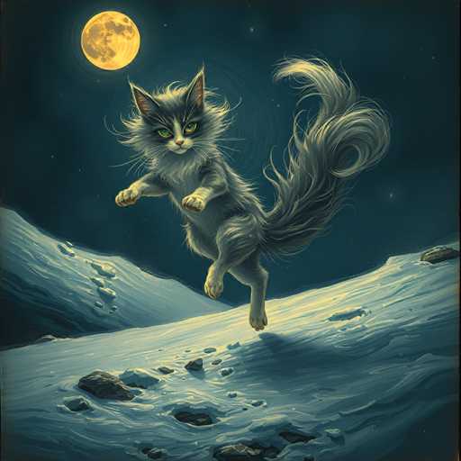A black and white cat with green eyes is captured mid-leap on a rocky mountain slope under the moonlight. The cat's body is arched gracefully as it soars through the air, its tail feathers fluttering behind it. The backdrop of the image is a dark blue sky dotted with stars, providing a stark contrast to the cat and the rocky terrain below.
The style of this image can be described as surreal or dreamlike, with elements that defy conventional reality.