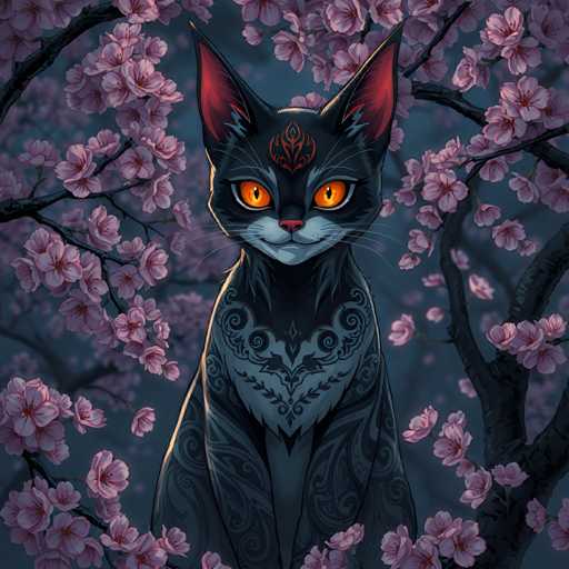 The image depicts a black cat with orange eyes and a red nose, sitting on its hind legs amidst cherry blossom trees. The cat is surrounded by pink flowers, creating a serene and picturesque scene.
