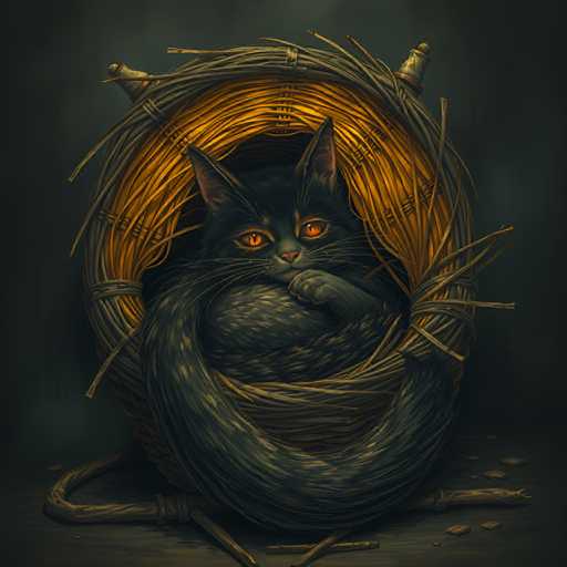 The image depicts a black cat sitting inside a basket made from thin branches and twine. The cat is facing the camera with its eyes open, giving an impression of curiosity or alertness. The background is dark and blurred, drawing focus to the cat and its surroundings.