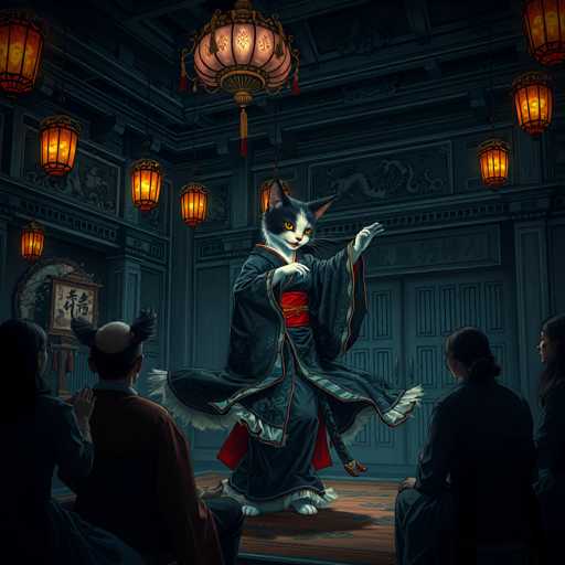 The image depicts a black and white cat dressed in traditional Japanese attire performing on stage with four people seated behind it. The cat is wearing a red and gold kimono and holding a fan in its paws while standing on a wooden platform.