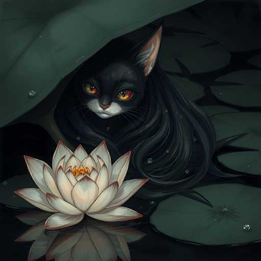 The image depicts a black cat with long white fur sitting under a green leafy plant and next to a white flower. The cat is looking directly at the camera while its head is partially hidden by the leaves of the plant.