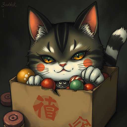The image depicts a cartoon cat with black and gray stripes sitting inside a brown cardboard box filled with various colored balls including red, green, blue, and yellow ones. The cat is looking directly at the camera with its eyes wide open in surprise or curiosity.