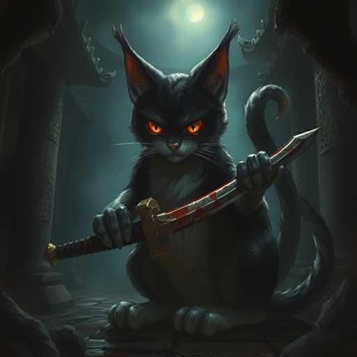 The image depicts a black cat with red eyes and sharp teeth holding a sword in its paws. The cat is standing on a rock, surrounded by an eerie dark background that includes a temple-like structure and a full moon.