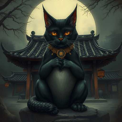 The image depicts a black cat sitting on a rock with its paws resting on the edge of the rock and its head tilted slightly to the left. The cat is wearing a gold collar adorned with a large pendant that glimmers in the dark. In the background, there are two traditional Chinese buildings, one with a pointed roof and the other with a flat roof. The sky above is filled with clouds, creating an atmospheric setting for this scene.