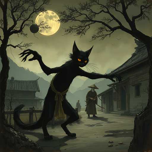 The image depicts a black cat with glowing red eyes standing on its hind legs and holding a ball of yarn in front of it. In the background, there is a man dressed in traditional Japanese clothing walking towards the cat, who appears to be guarding something or someone. The scene takes place under a full moon, adding an air of mystery and intrigue to the image.