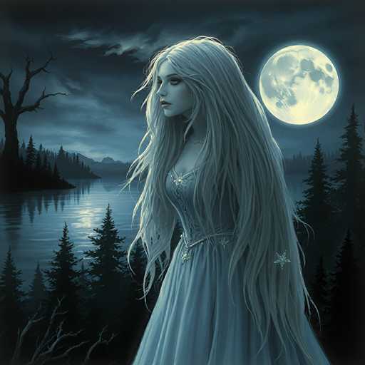 A woman with long blonde hair stands alone on a cliff overlooking a body of water at night. She is dressed in a blue dress and holds a bouquet of flowers. The background features a dark sky filled with stars and the moon casting an ethereal glow over the scene.