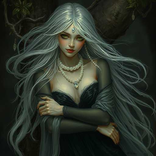 The image depicts a woman with long blonde hair and green eyes wearing a black dress and pearl necklace. She is standing against the backdrop of a tree trunk, suggesting an outdoor setting or natural environment. The woman's pose and attire give off an air of mystery and elegance.