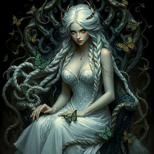 A woman with long blonde hair and a white dress is seated on a chair surrounded by butterflies.
