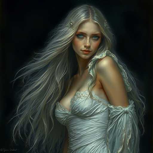 The image depicts a woman with long blonde hair and blue eyes wearing a white dress with lace sleeves. The background is dark, creating a stark contrast that makes the woman stand out.