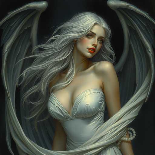 A woman with long blonde hair and a white dress is depicted against a black background. She has her arms wrapped around herself, creating an ethereal and dreamlike appearance. The image does not contain any discernible text or other objects, making it a purely visual representation of the subject's pose and attire.