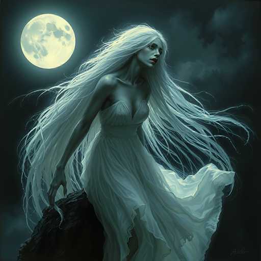 A woman with long blonde hair is depicted wearing a white dress and standing on a rock against the backdrop of a full moon.