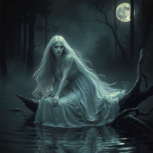 A woman with long blonde hair is sitting on a tree branch in the middle of a dark forest. She is wearing a white dress and has tattoos on her arms. The background features a full moon and trees, creating an eerie atmosphere.