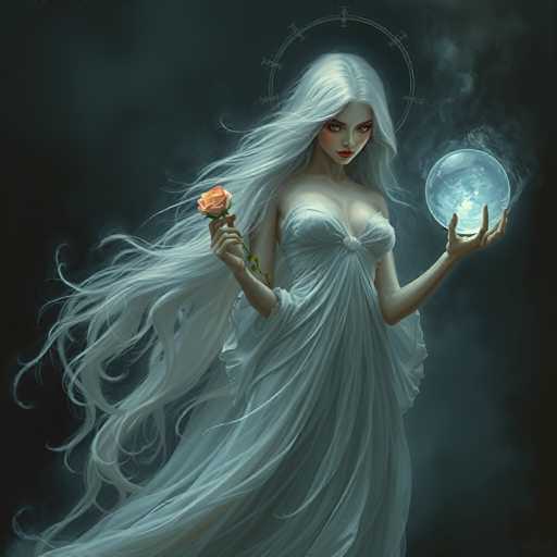 A woman with long white hair is holding a rose and a blue ball against a dark background.