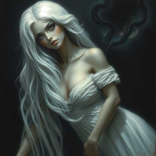 The image depicts a woman with long blonde hair wearing a white dress and standing against a black background. The woman's gaze is directed towards the camera, creating an engaging visual narrative.