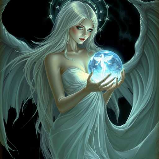 A woman with long blonde hair and blue eyes is holding a crystal ball that contains an angel figure inside of it. The background is dark and out of focus, drawing attention to the woman and her crystal ball.