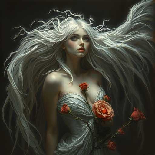 The image depicts a woman with long blonde hair and red roses in her lapel. She is wearing a white dress that contrasts with the dark background. The woman's face is partially obscured by the roses, adding an air of mystery to the scene.