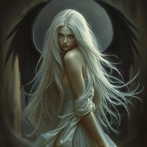 A woman with long blonde hair and a white dress stands against a dark background featuring black wings and a large circle of light.
