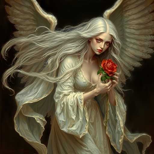 A woman with long white hair and wings is holding a red rose in her right hand while wearing a white dress.