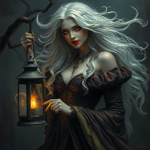 A woman with long white hair and red lipstick is holding a lantern that is glowing orange and yellow flames are shooting out of it. She is dressed in a black dress with gold accents and has a necklace around her neck. The background is dark and blurred, suggesting an indoor setting or a dimly lit room.