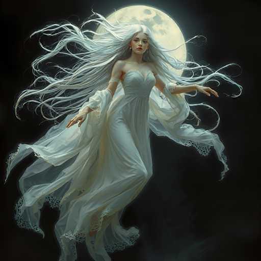 A woman with long white hair and a flowing dress is depicted against a dark background, possibly the night sky or a black void. The image does not contain any discernible text or countable objects.
