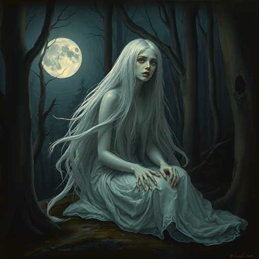 The image depicts a white woman with long blonde hair sitting on a log in the middle of a forest. The woman is wearing a white dress and has her hands resting on her knees. In the background, there are trees that add to the eerie atmosphere of the scene.