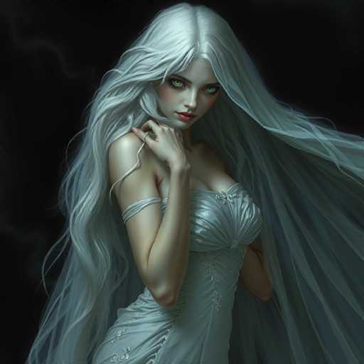 A woman with long blonde hair and green eyes is standing against a black background. She is wearing a white dress that has a train on it. The image does not contain any text or other objects.