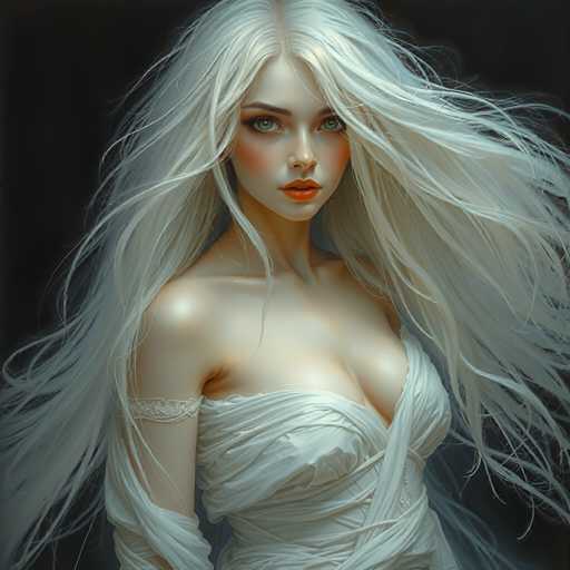 A woman with long blonde hair and a white dress stands against a black background.