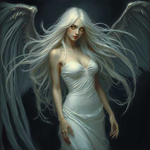 A woman with long blonde hair and white wings is depicted wearing a white dress against a black background.