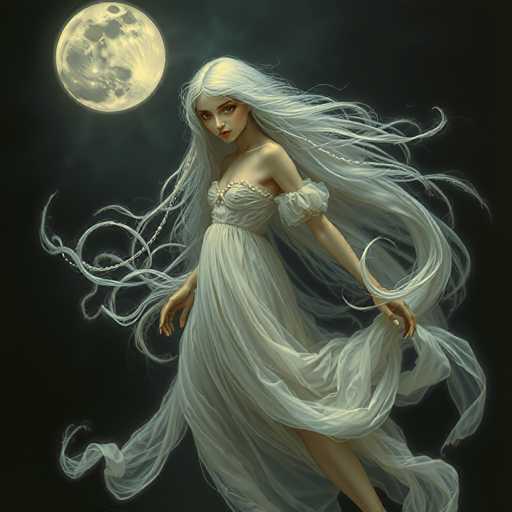 A woman with long white hair is depicted wearing a white dress and holding a parasol against the backdrop of a full moon.