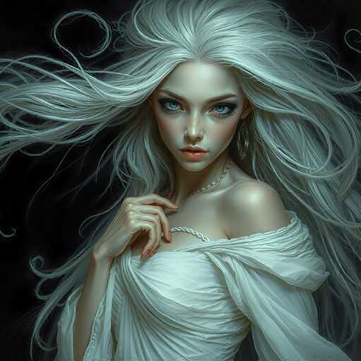 The image depicts a woman with long blonde hair wearing a white dress and necklace. She is looking directly at the camera with her hands resting on her hips. The background is dark, which contrasts with the woman's light-colored hair and dress, making her stand out in the scene.