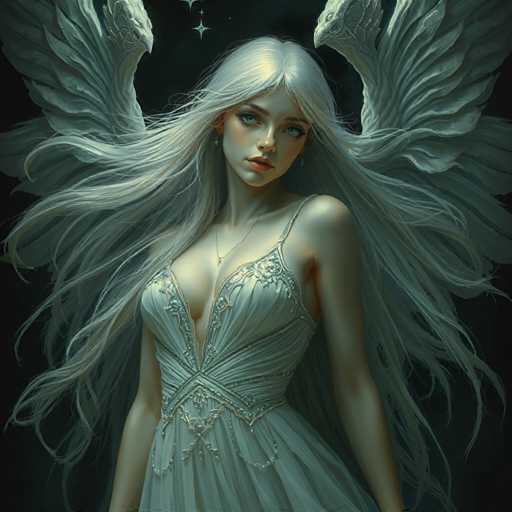 A woman with long blonde hair and blue eyes is depicted wearing a white dress adorned with gold accents and a necklace. The background features a dark green color that contrasts with the woman's light-colored hair and dress, creating a visually striking image.