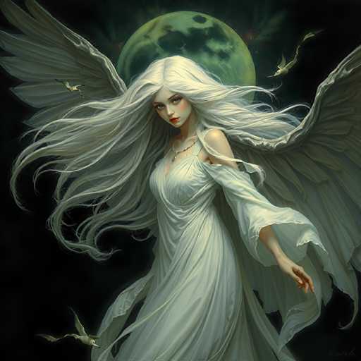 A white-haired woman with long hair is depicted as a fairy or angel standing against a dark background. She is wearing a white dress and has wings that appear to be spread out behind her. The image also features several birds scattered around the scene.