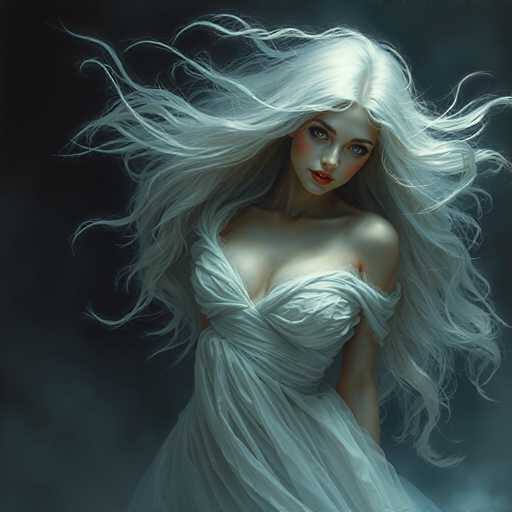 A woman with long blonde hair is standing against a dark background and looking directly at the camera. She is wearing a white dress that falls down to her knees.