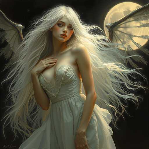 A woman with long blonde hair and white skin is standing against a dark background that features a full moon and wings of a mythical creature.