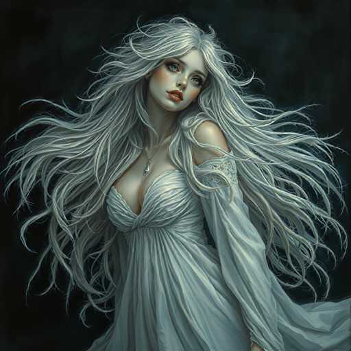 A woman with long blonde hair is standing against a dark background and looking directly at the camera. She is wearing a white dress that contrasts with her surroundings. The image does not contain any text or other objects, and there are no discernible actions taking place.