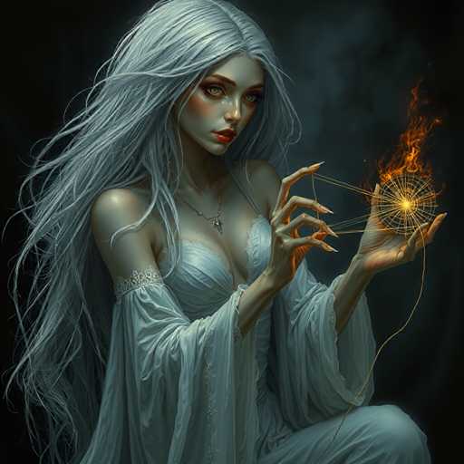 A woman with long white hair and red lips is depicted holding a golden spider web against a dark background. The woman's dress is white, and she has a necklace around her neck.