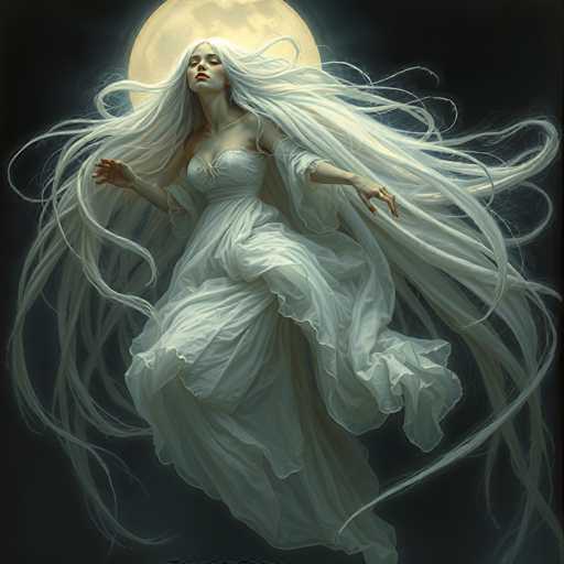 The image depicts a woman with long white hair and a flowing dress, captured mid-jump against the backdrop of a full moon. The woman's position suggests she is airborne, possibly leaping off a cliff or diving from a great height. Her flowing white hair adds to the sense of motion and freedom in the scene.