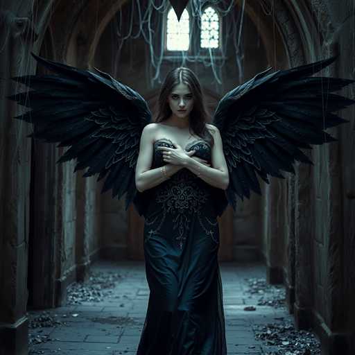A woman with long brown hair and a black dress stands in an old stone hallway, her arms crossed over her chest as she gazes directly at the camera.